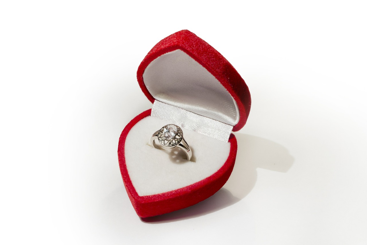 An engagement ring in a heart shaped jewelry box.