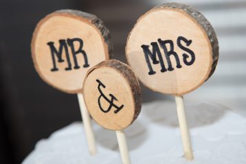 Mr. and Mrs. written on small logs.