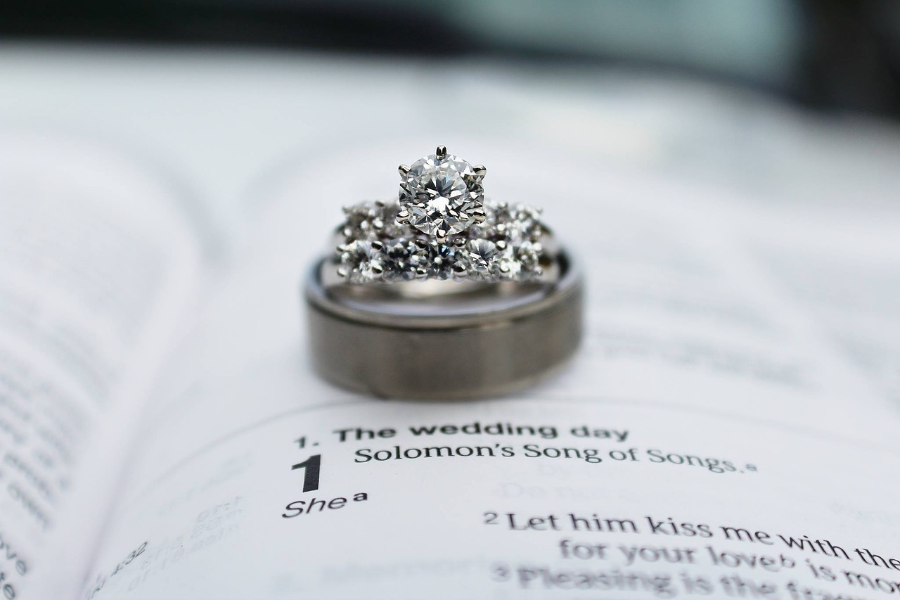 A wedding ring sitting on top of a Bible.