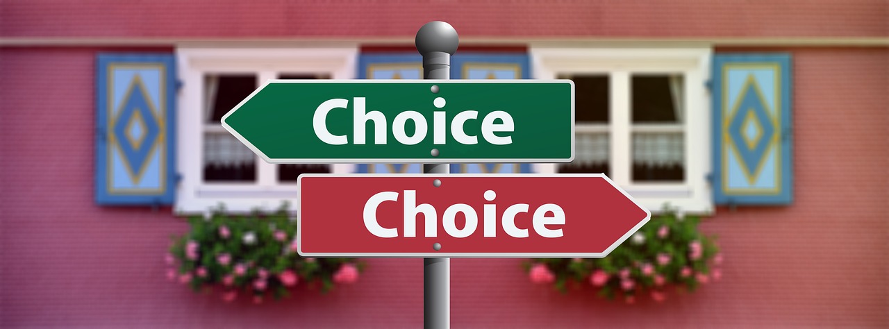 Two signs pointing in different directions that both read, "choice".