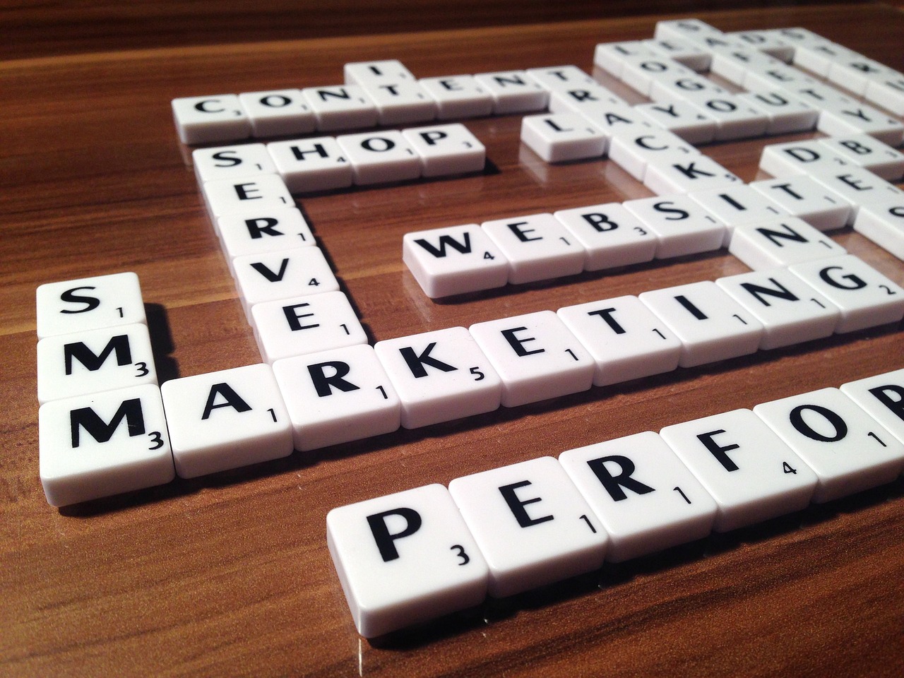 Scrabble letters spelling out words such as marketing, shop, website, etc.