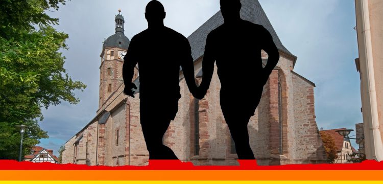 A silhouette of two gay men holding hands with a rainbow flag under them and a church in front of them.