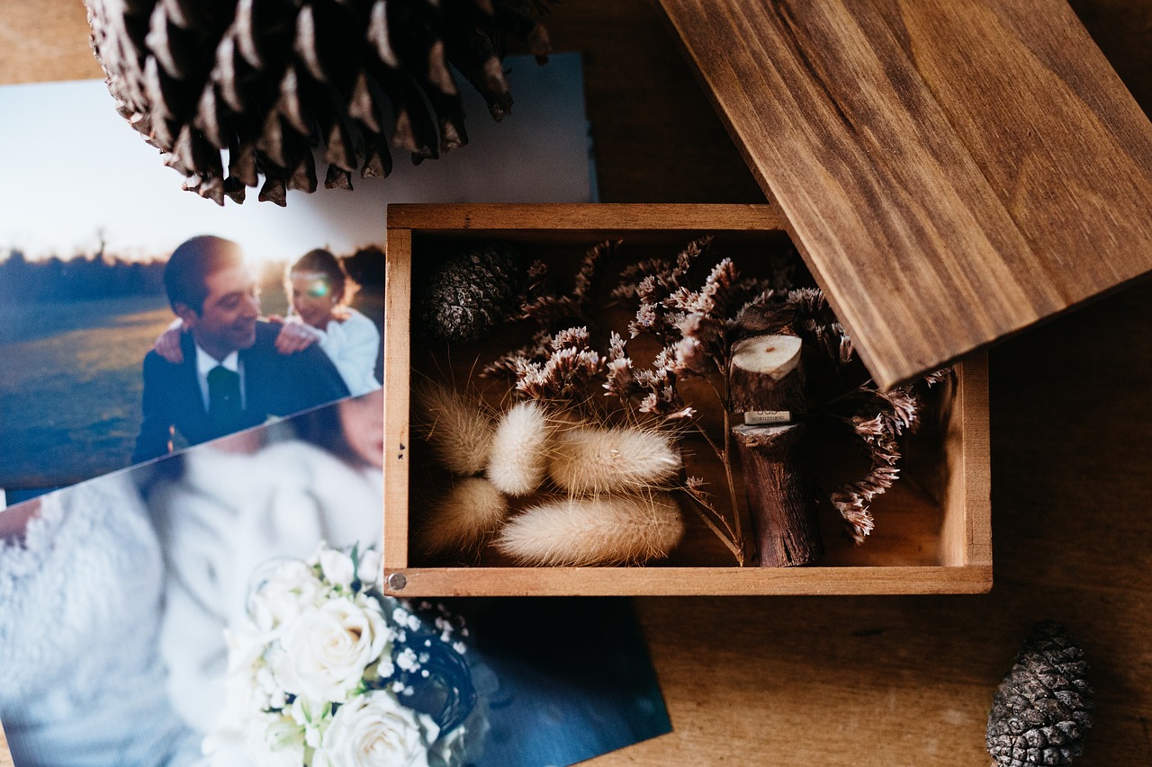 Wedding photos sitting on a table.