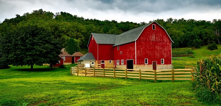 A beautiful red barn in a green pasture.