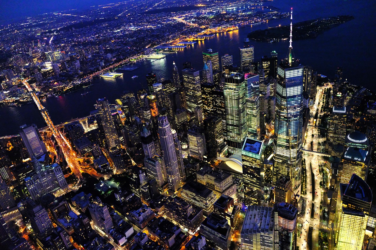 An aerial shot of New York City in the evening.