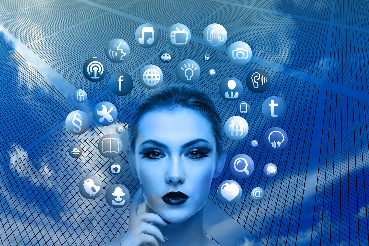 A surreal blue-tinted photo of a woman with various social media icons surrounding her head.