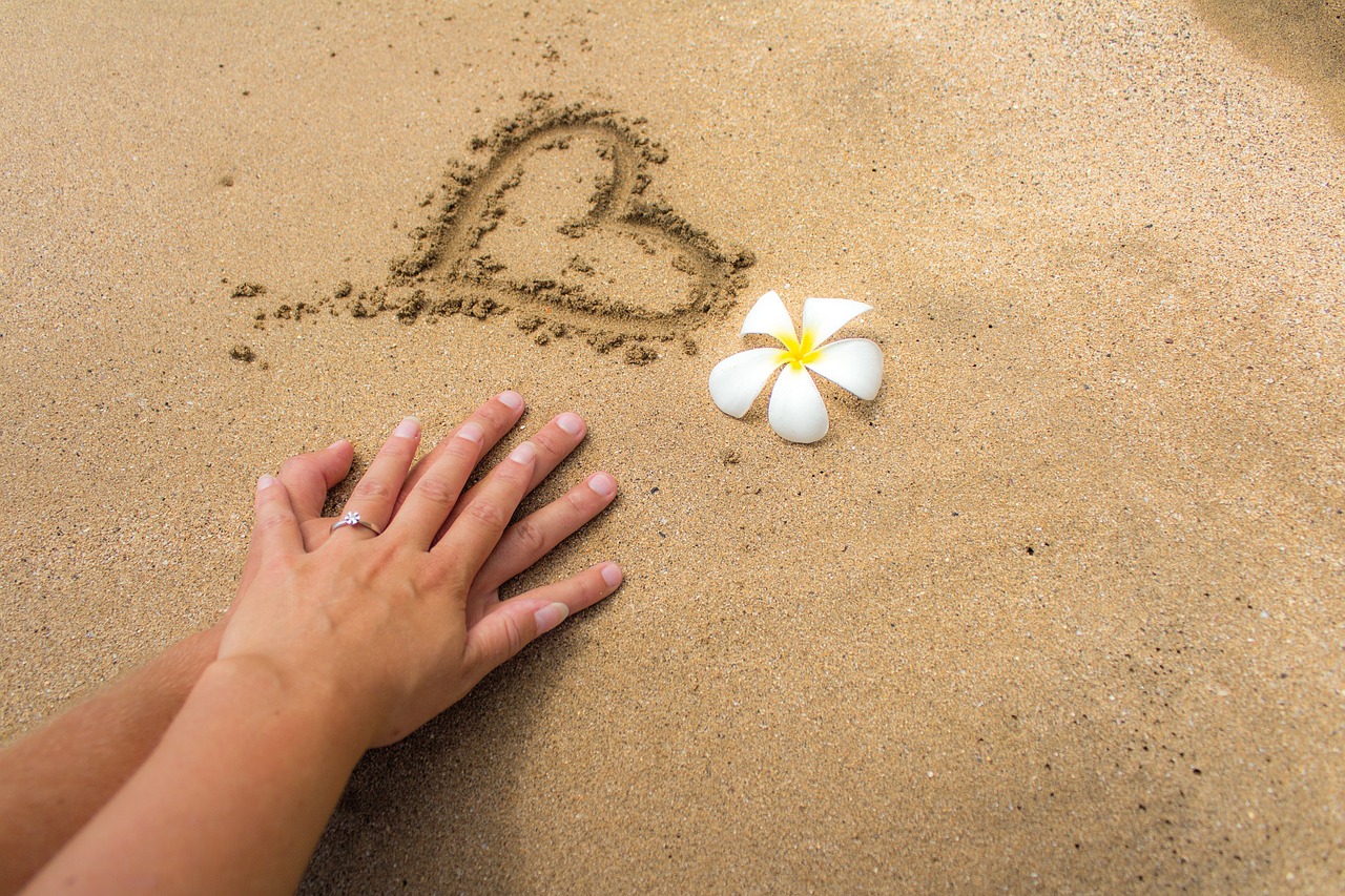 A heart drawn in the sand with a man and a woman's interlaced hands by it.