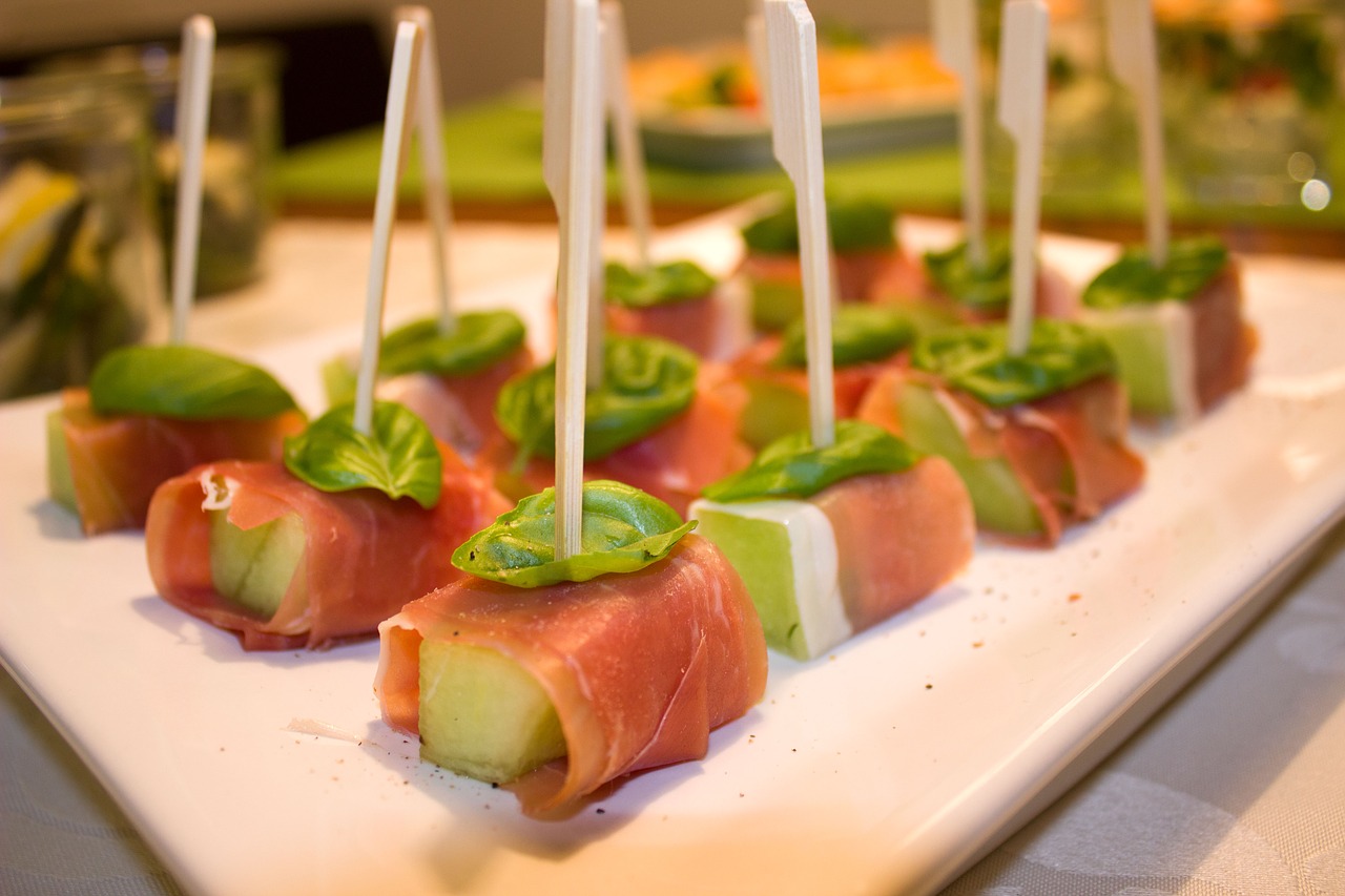 Rows of appetizers.