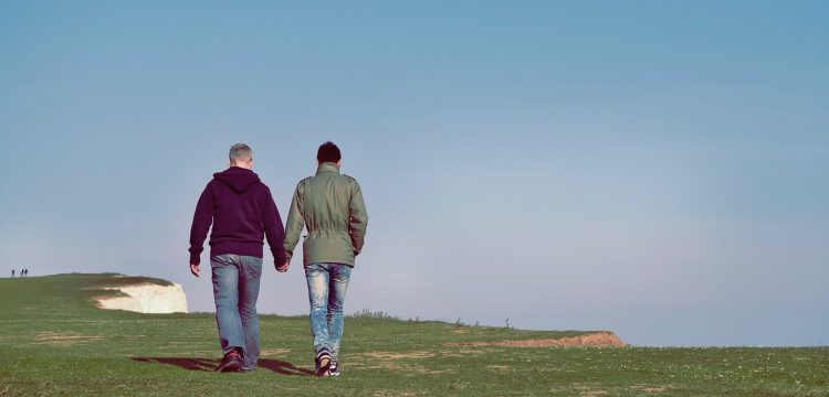 Two men walking hand in hand at a scenic location.