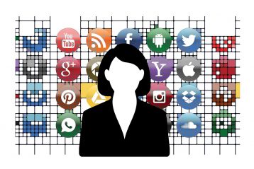 Graphic of a woman standing in front of social media icons.
