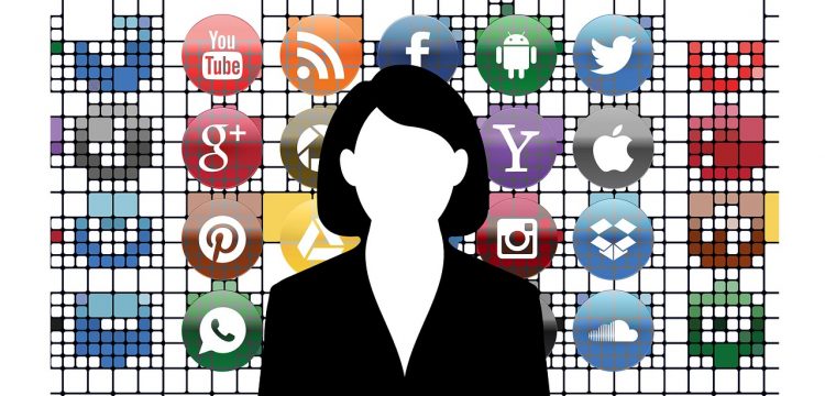 Graphic of a woman standing in front of social media icons.