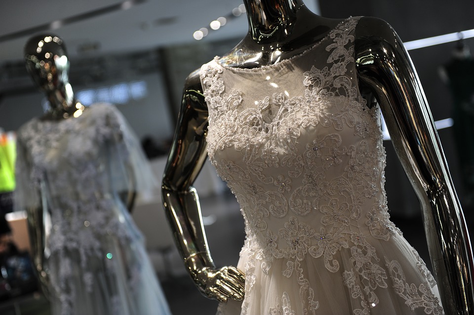 Bridal gowns on mannequins.