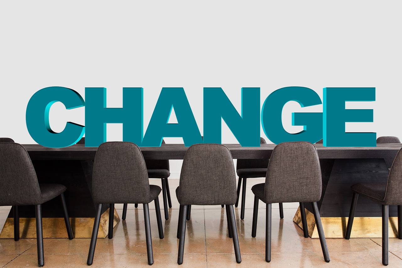 A boardroom with the word "change" on it.