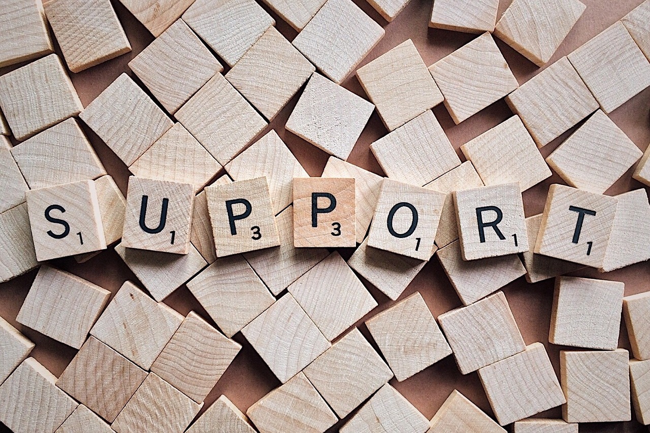Scrabble letters that spell "Support".