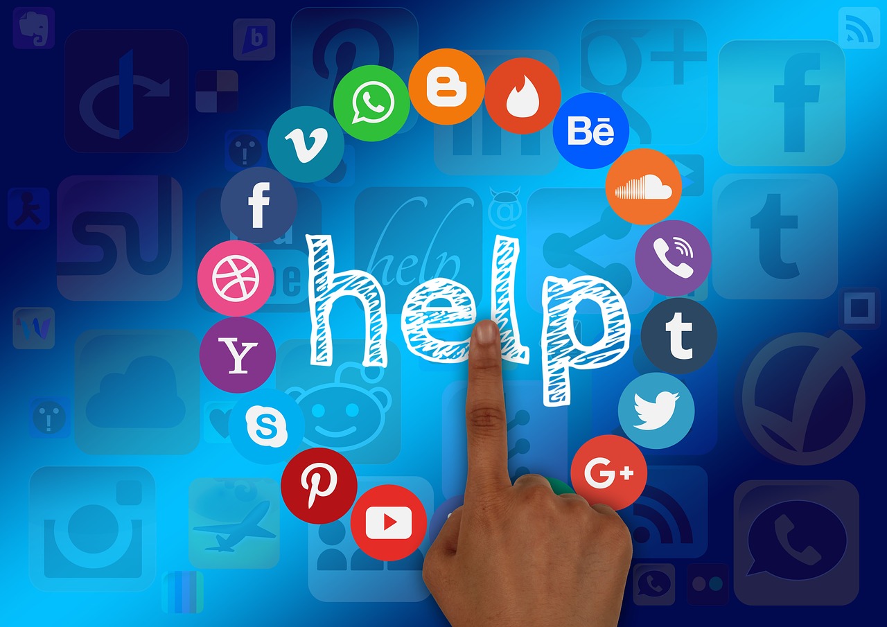 Graphic with various social media icons on it and the word, "Help".