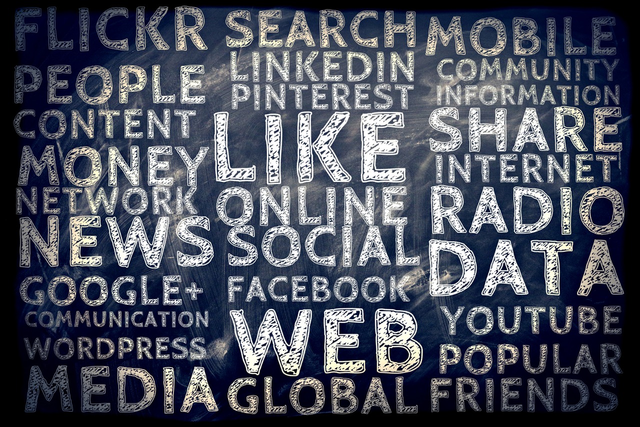 Social media graphic with different platform names on it.