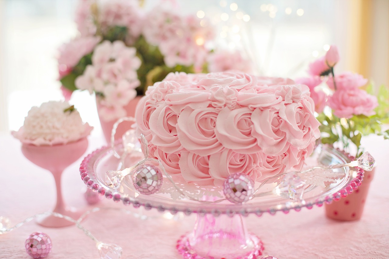 A pink wedding cake.