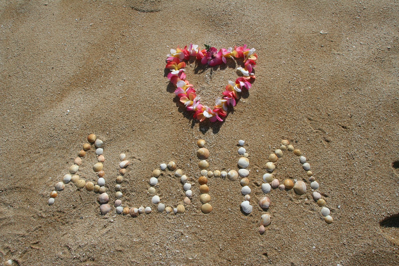 Seashells on a beach spelling out, "Aloha".