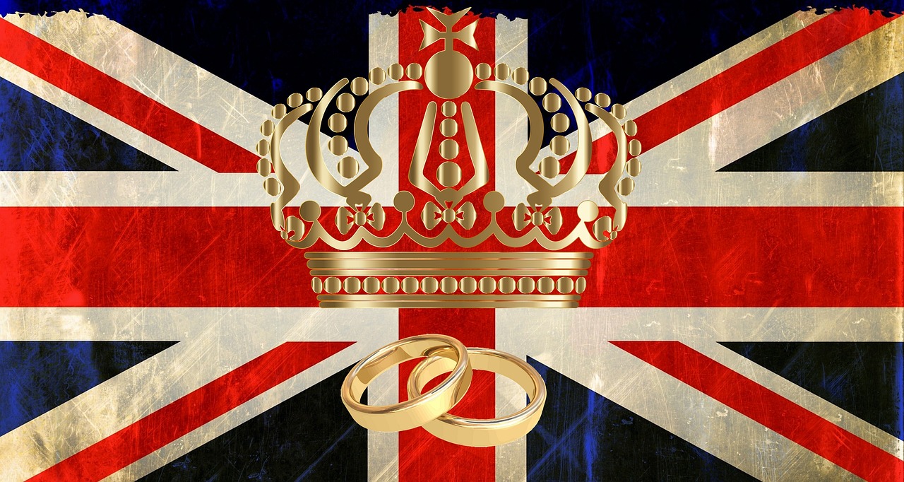British flag with a crown and two wedding bands.