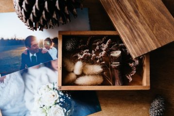 Wedding photos on a table.