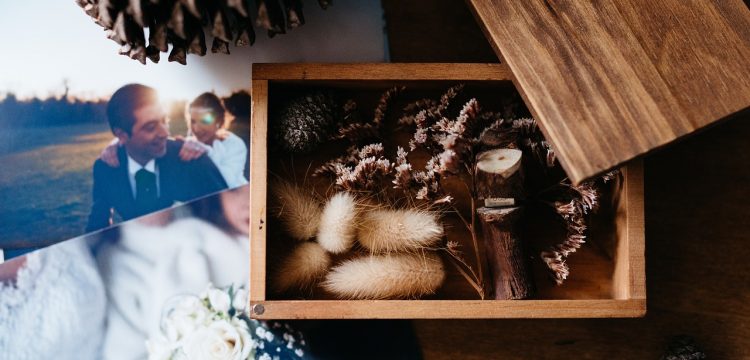 Wedding photos on a table.