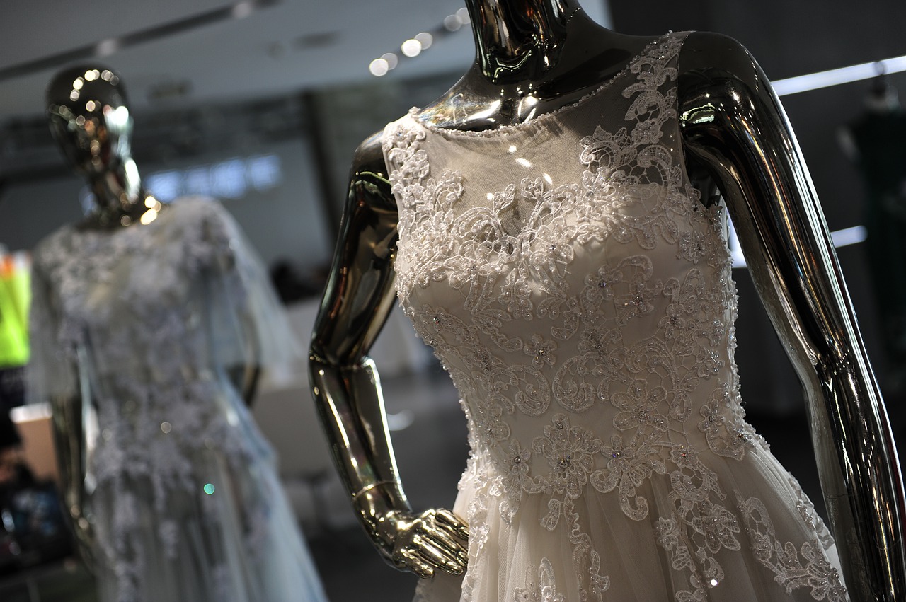 Wedding gowns on mannequins.