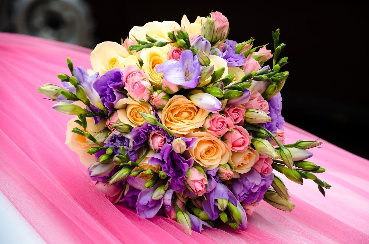 Brightly colored wedding bouquet.