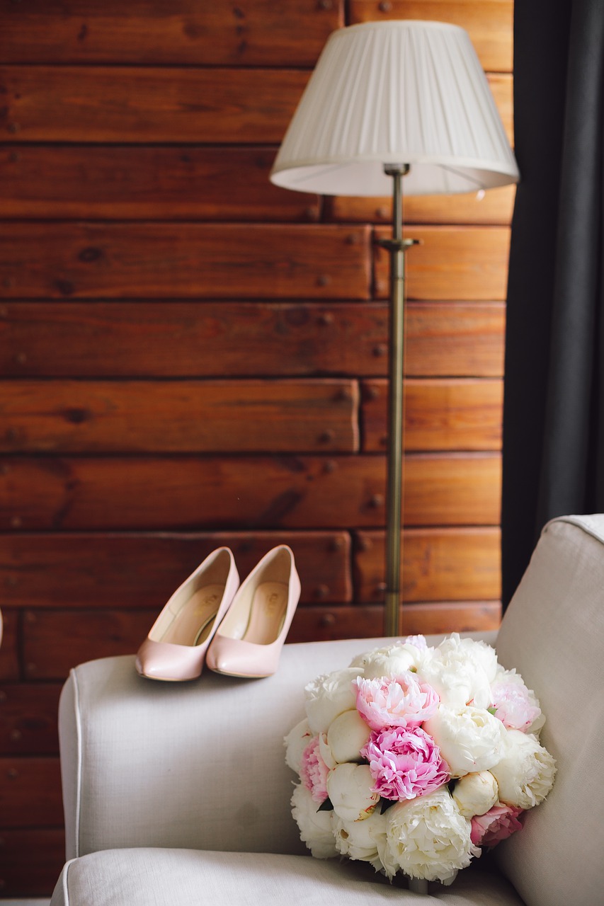 Casual wedding items in a log cabin.