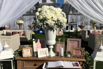 Wedding guest book table at a reception.