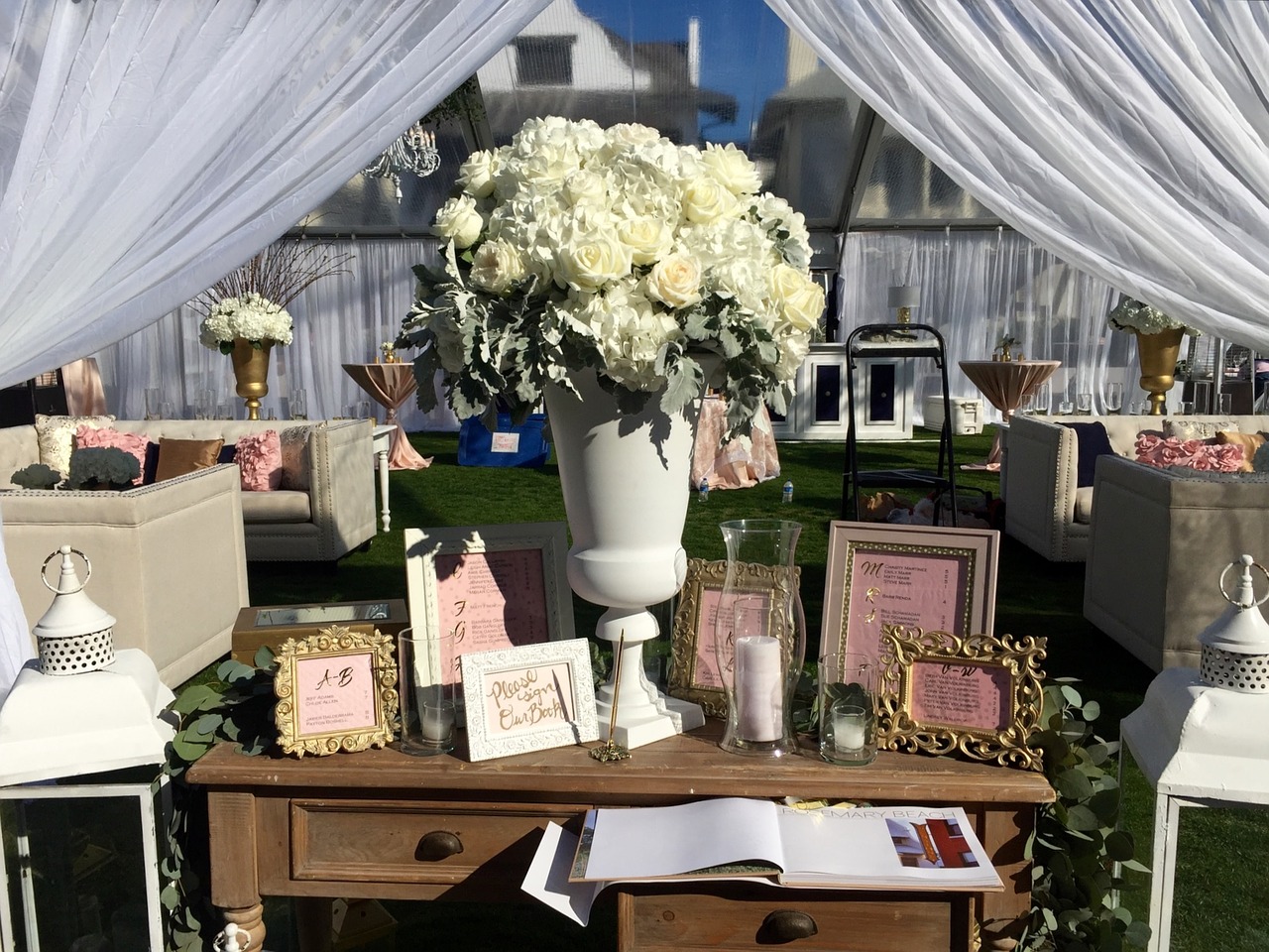 Wedding guest book table at a reception.