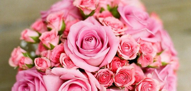 A bouquet of pink wedding flowers.