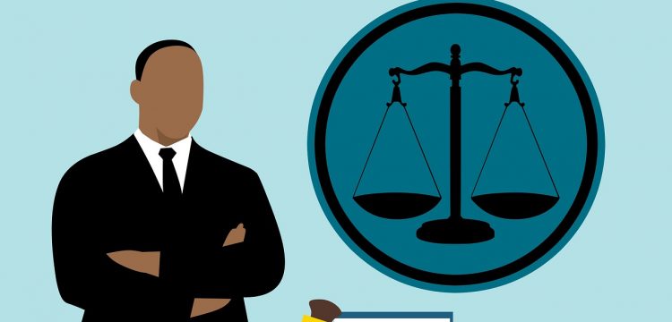 A graphic of a lawyer, scales, and a gavel.