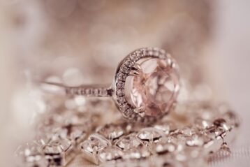 A round diamond engagement ring.